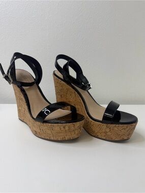 BRAND NEW SCHUTZ Black Patent Cork Platform Wedge Sandals Size 9.5